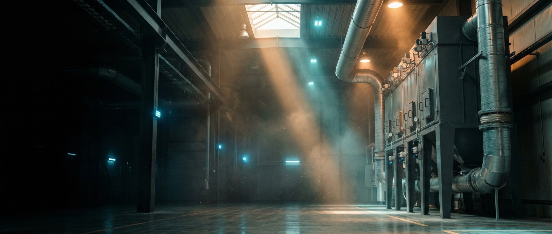 Industrielle Filteranlage in einer Produktionshalle mit dramatischem Lichteinfall